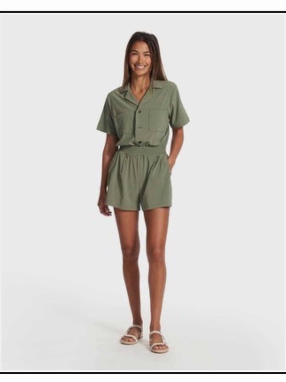Vuori Villa Romper Pistachio Green Short Sleeve Button Romper